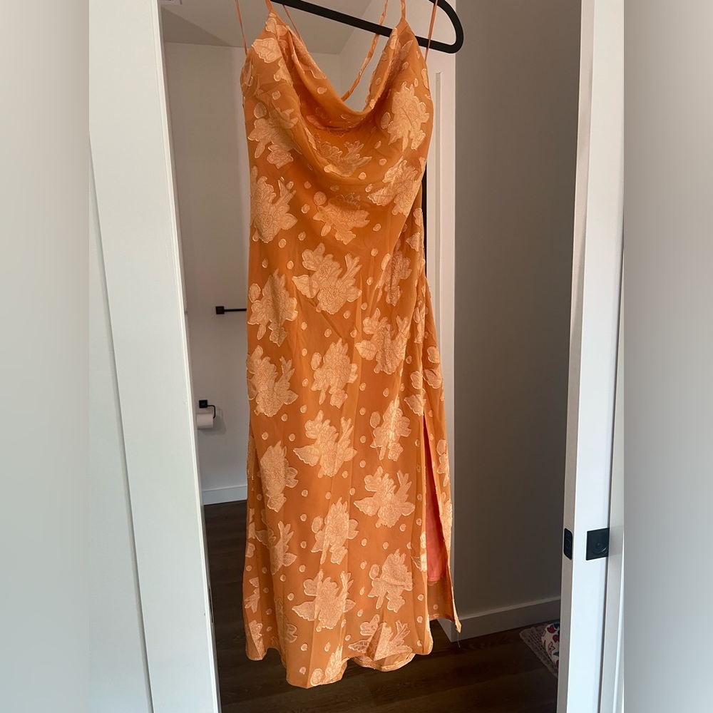 Hello Molly Midi Orange wedding guest dress